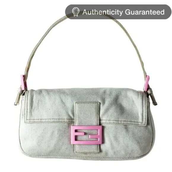 Authentic FENDI Mamma Baguette Grey Pink Jersey Flap Shoulder Bag Purse Plush